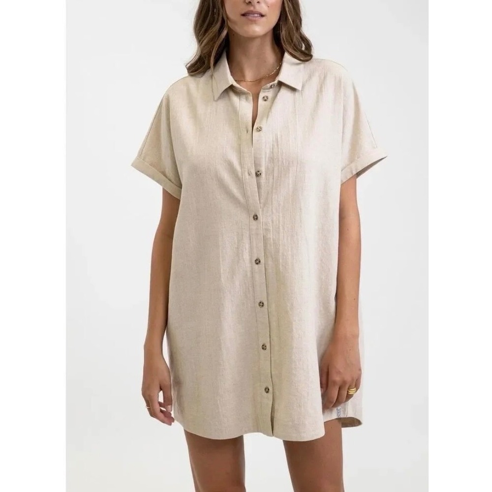 Rhythm Classics Linen Blend Shirt Dress Oatmeal Short Sleeve M Coastal‎ Beach